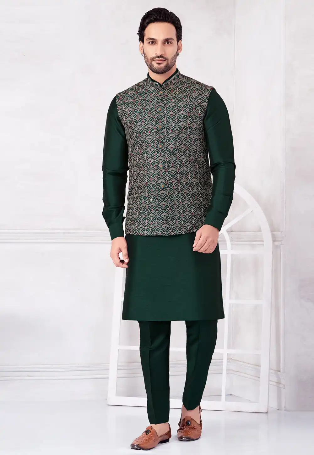 Green Art Silk Kurta Pajama With Jacket 322335