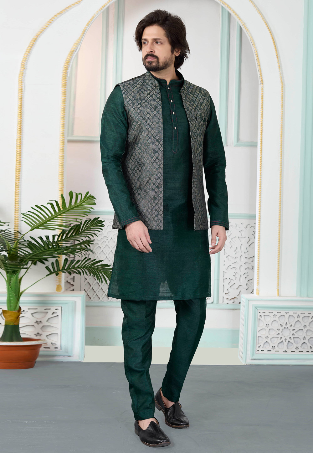 Green Art Silk Kurta Pajama With Jacket 323370