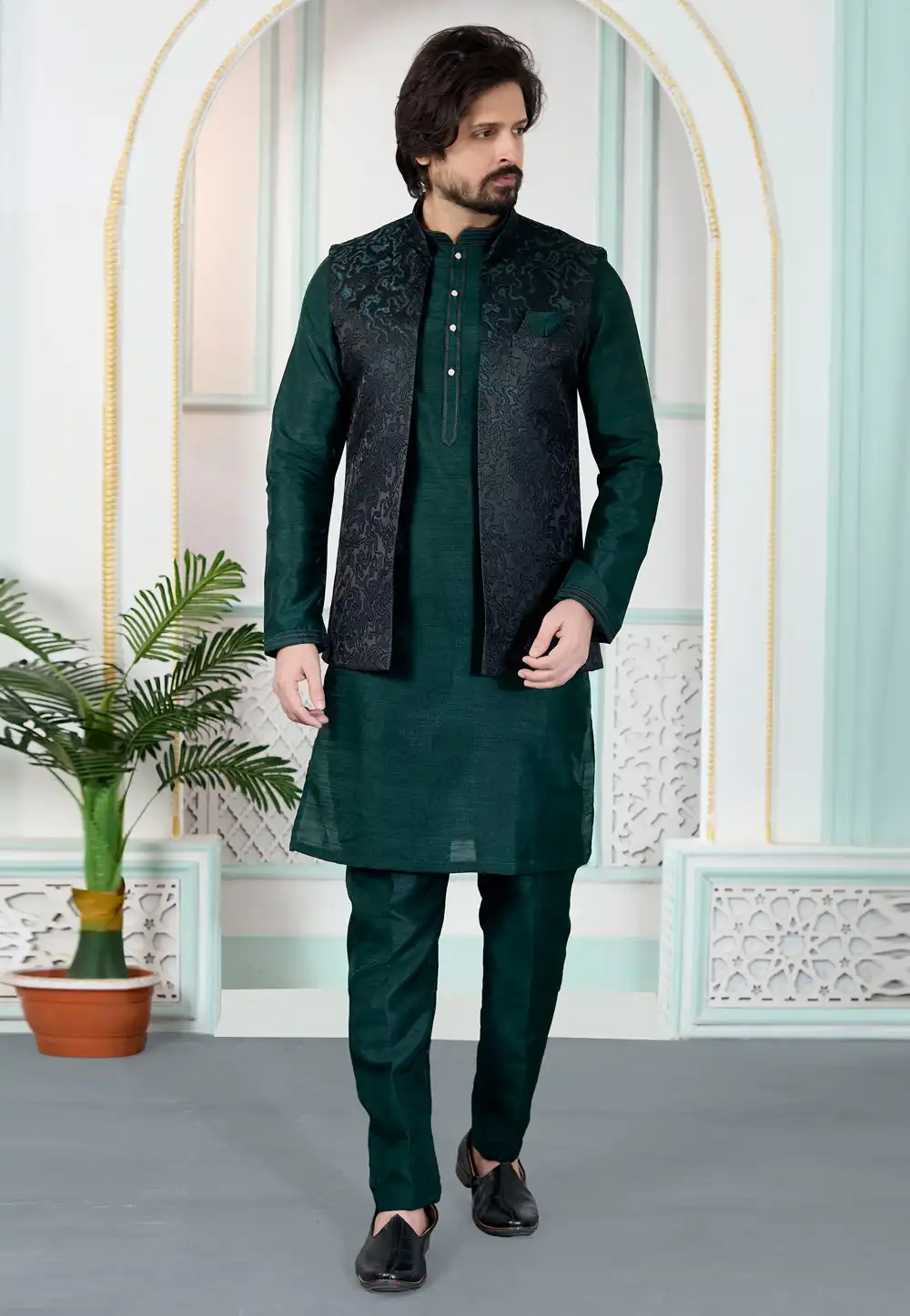 Green Art Silk Kurta Pajama With Jacket 323377