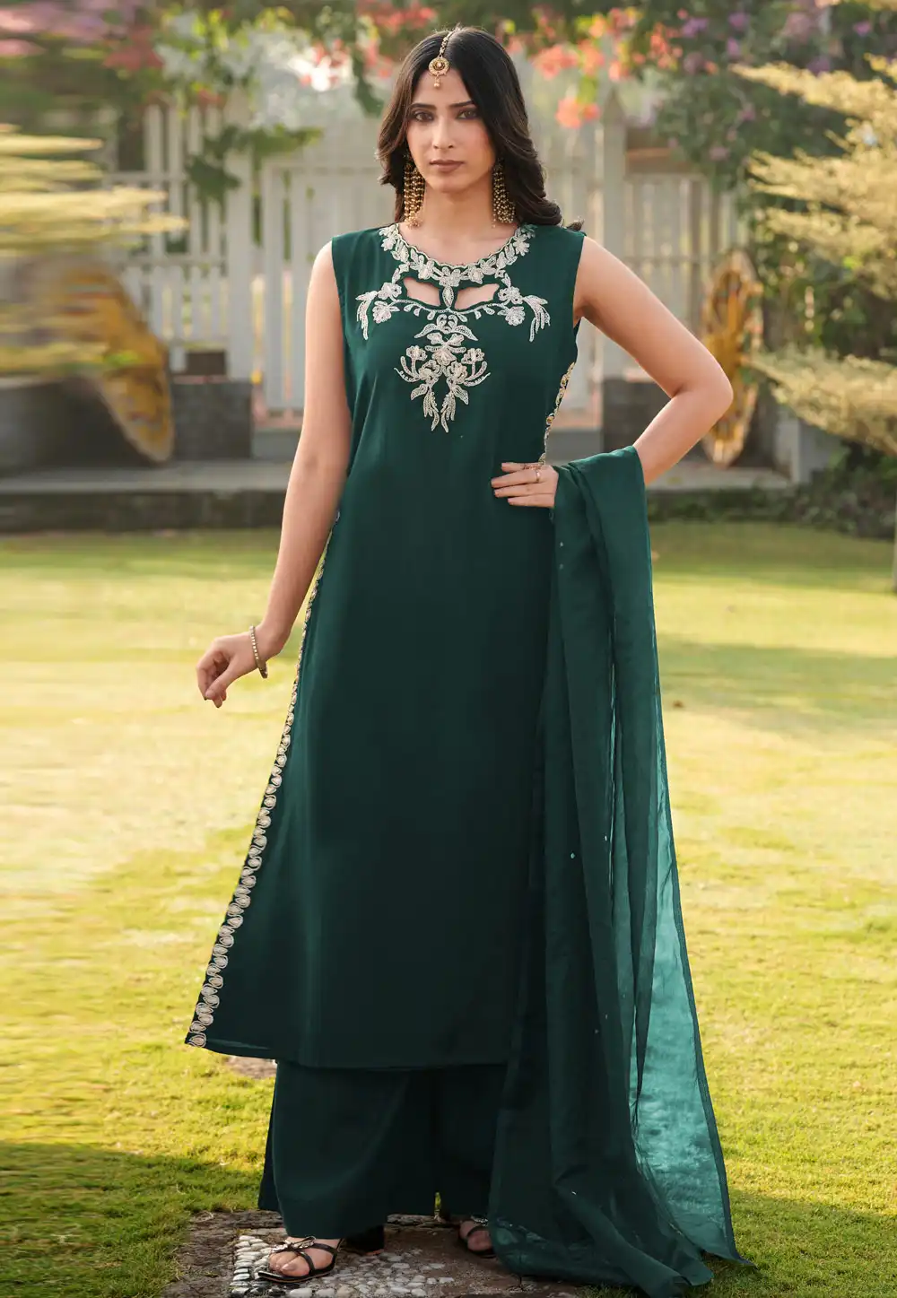Green Art Silk Readymade Pakistani Suit 325071