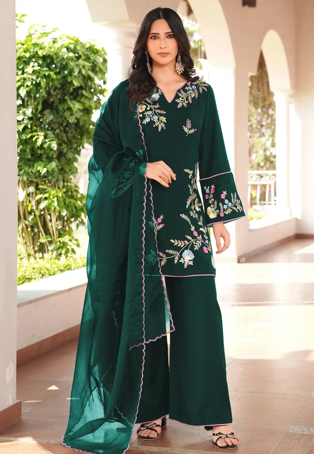 Green Art Silk Readymade Palazzo Suit 325036