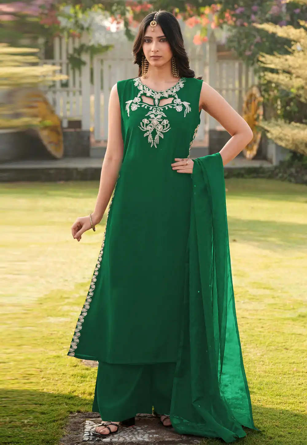 Green Art Silk Readymade Palazzo Suit 325072
