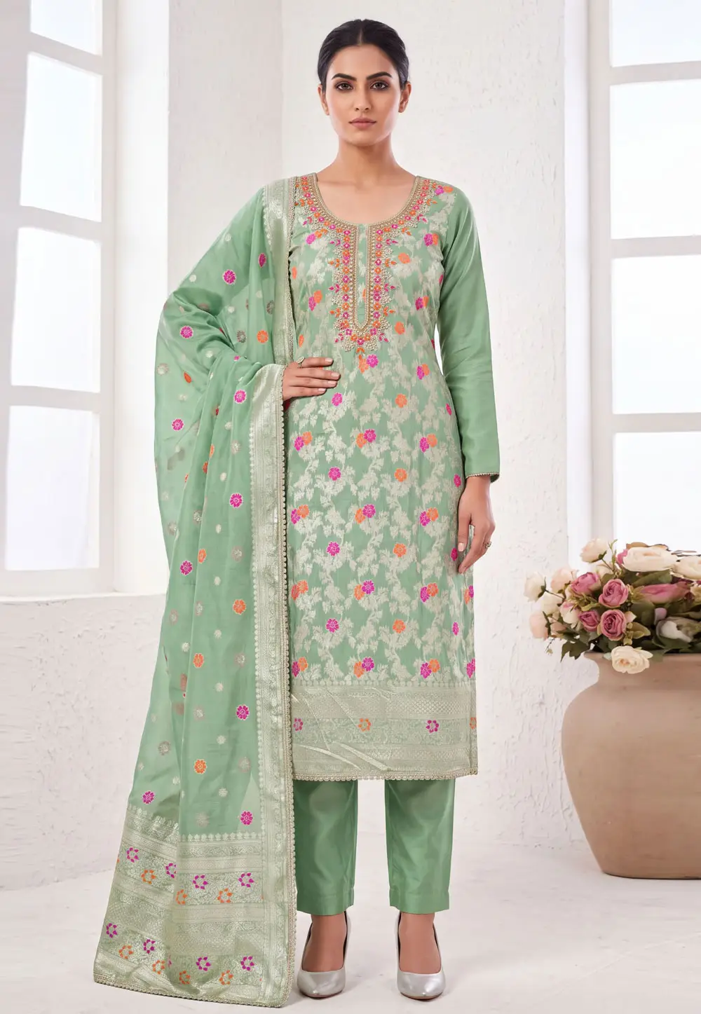 Green Banarasi Cotton Pant Style Suit 335544
