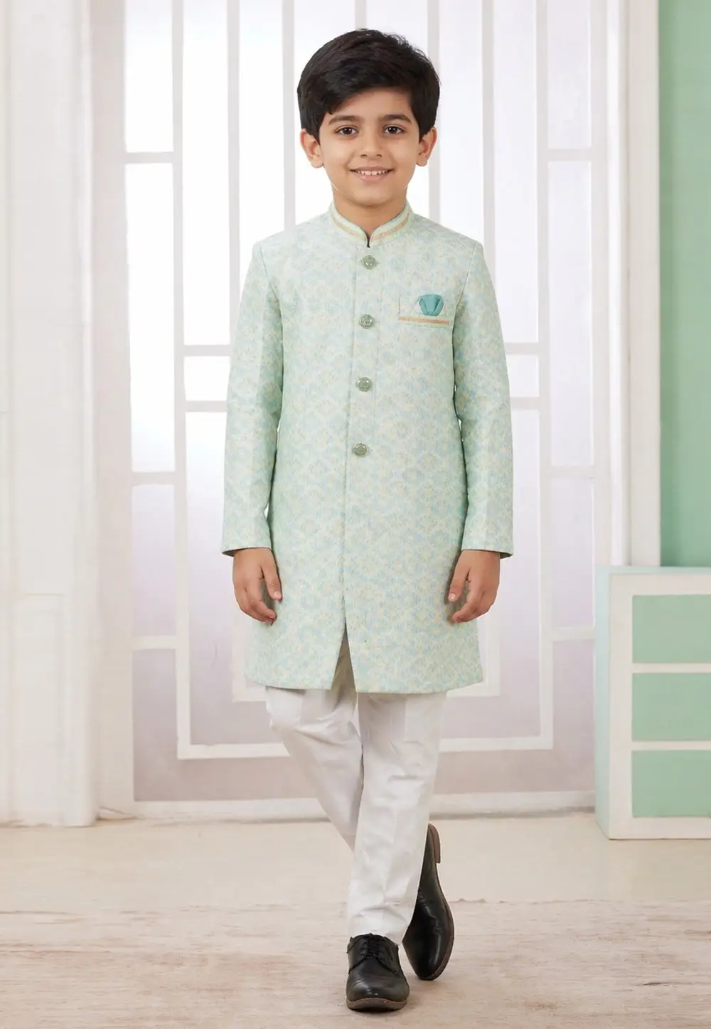 Green Banarasi Jacquard Boys Indo Western Suit 335791
