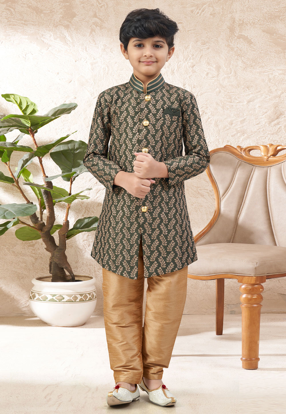 Green Banarasi Jacquard Kids Indo Western Suit 324271
