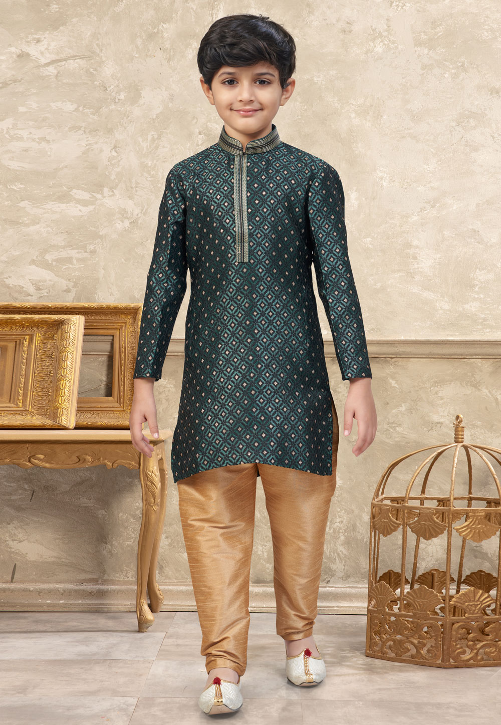 Green Banarasi Jacquard Kids Kurta Pajama 324286