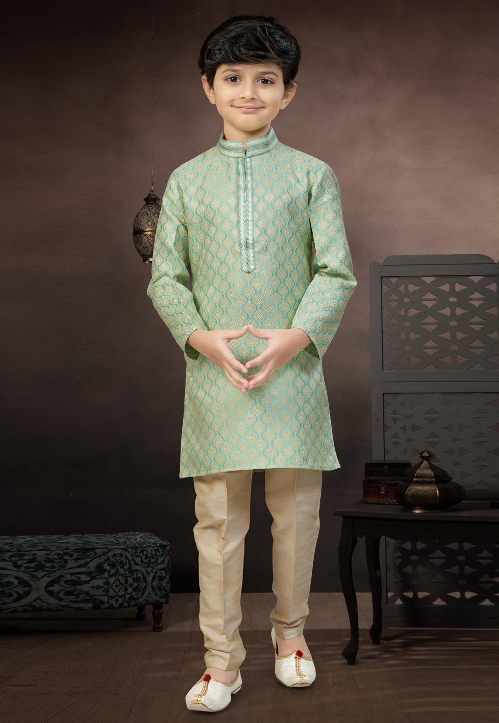 Green Banarasi Jacquard Kids Kurta Pajama 324291