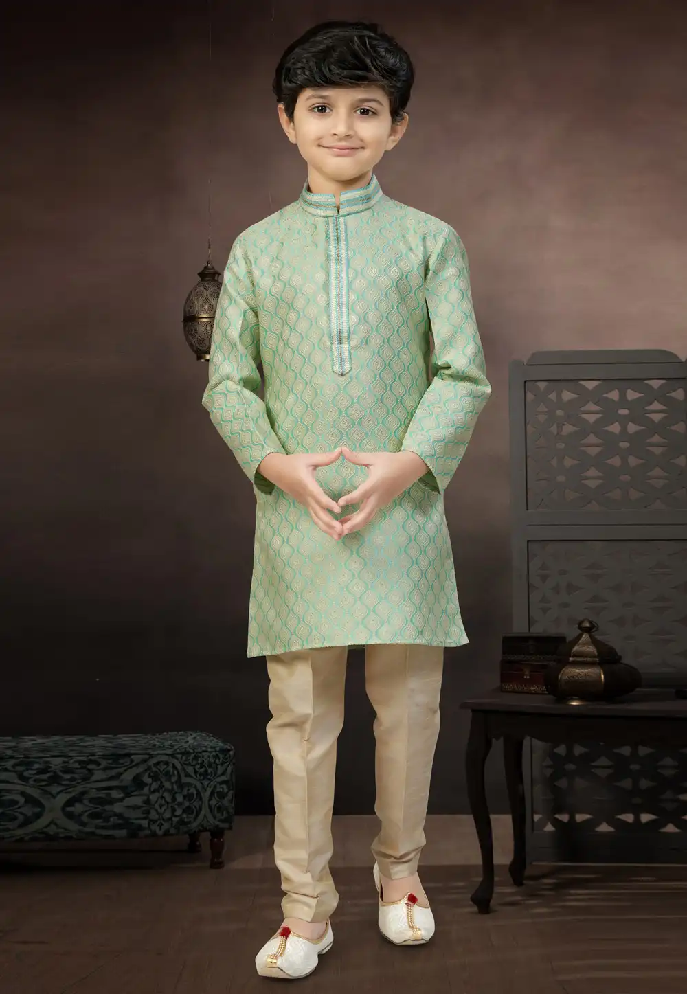 Green Banarasi Jacquard Kids Kurta Pajama 324291