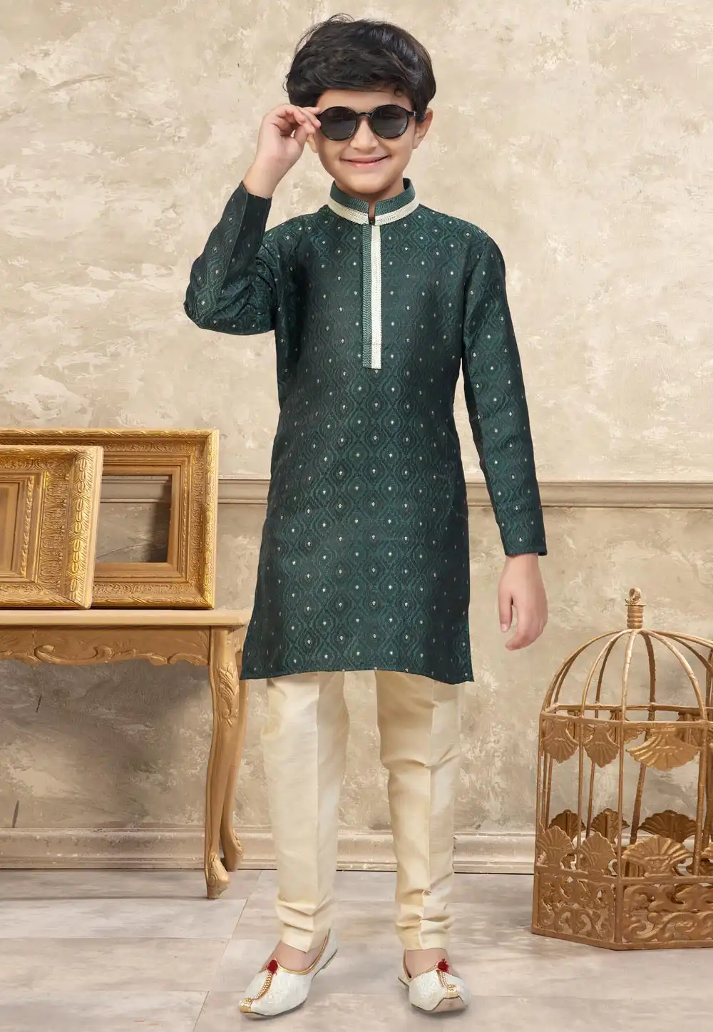 Green Banarasi Jacquard Kids Kurta Pajama 324296