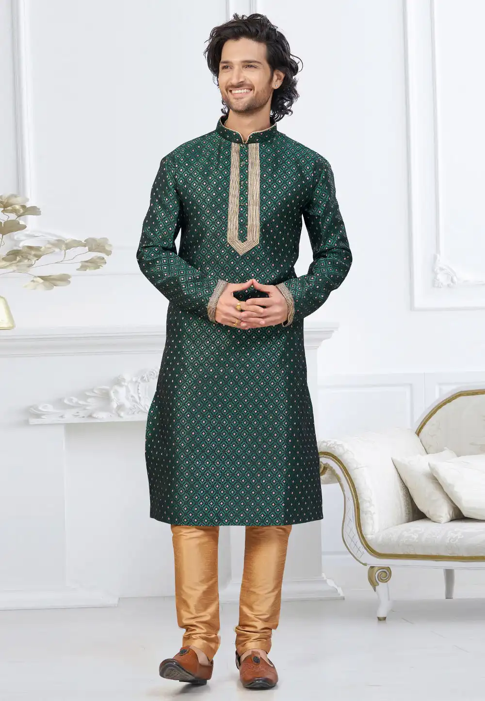 Green Banarasi Jacquard Kurta Pajama 317849