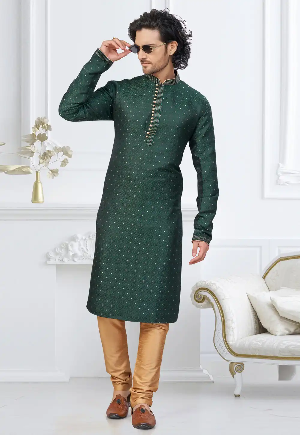 Green Banarasi Jacquard Kurta Pajama 317853