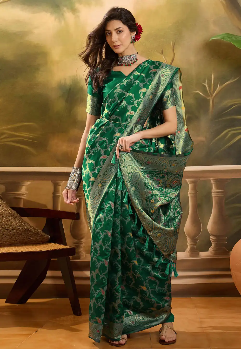 Green Banarasi Jacquard Saree With Blouse 316765