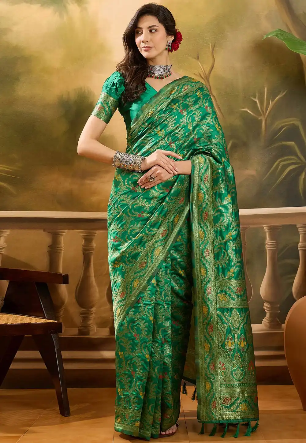 Green Banarasi Jacquard Saree With Blouse 316772