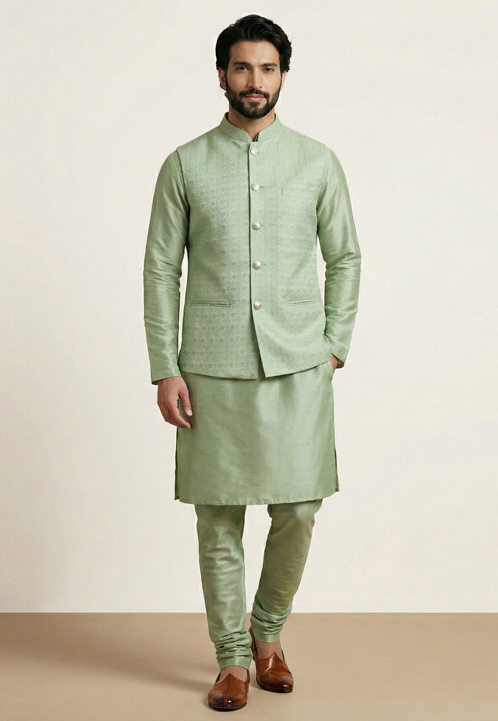 Green Banarasi Kurta Pajama With Jacket 324299
