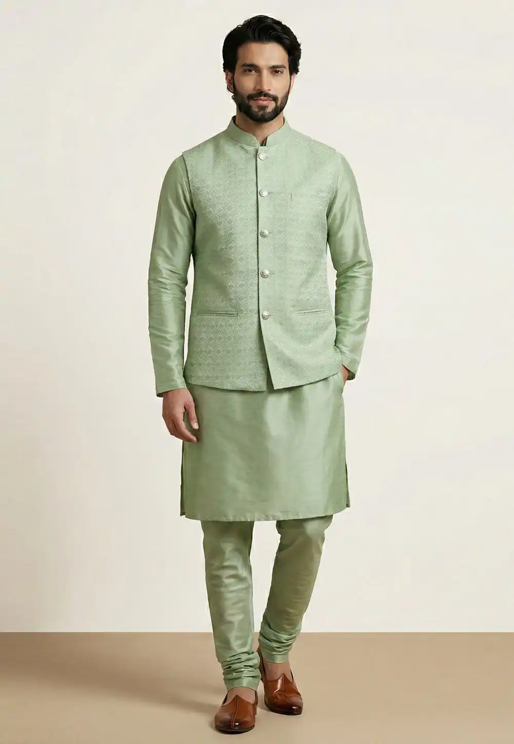 Green Banarasi Kurta Pajama With Jacket 324299