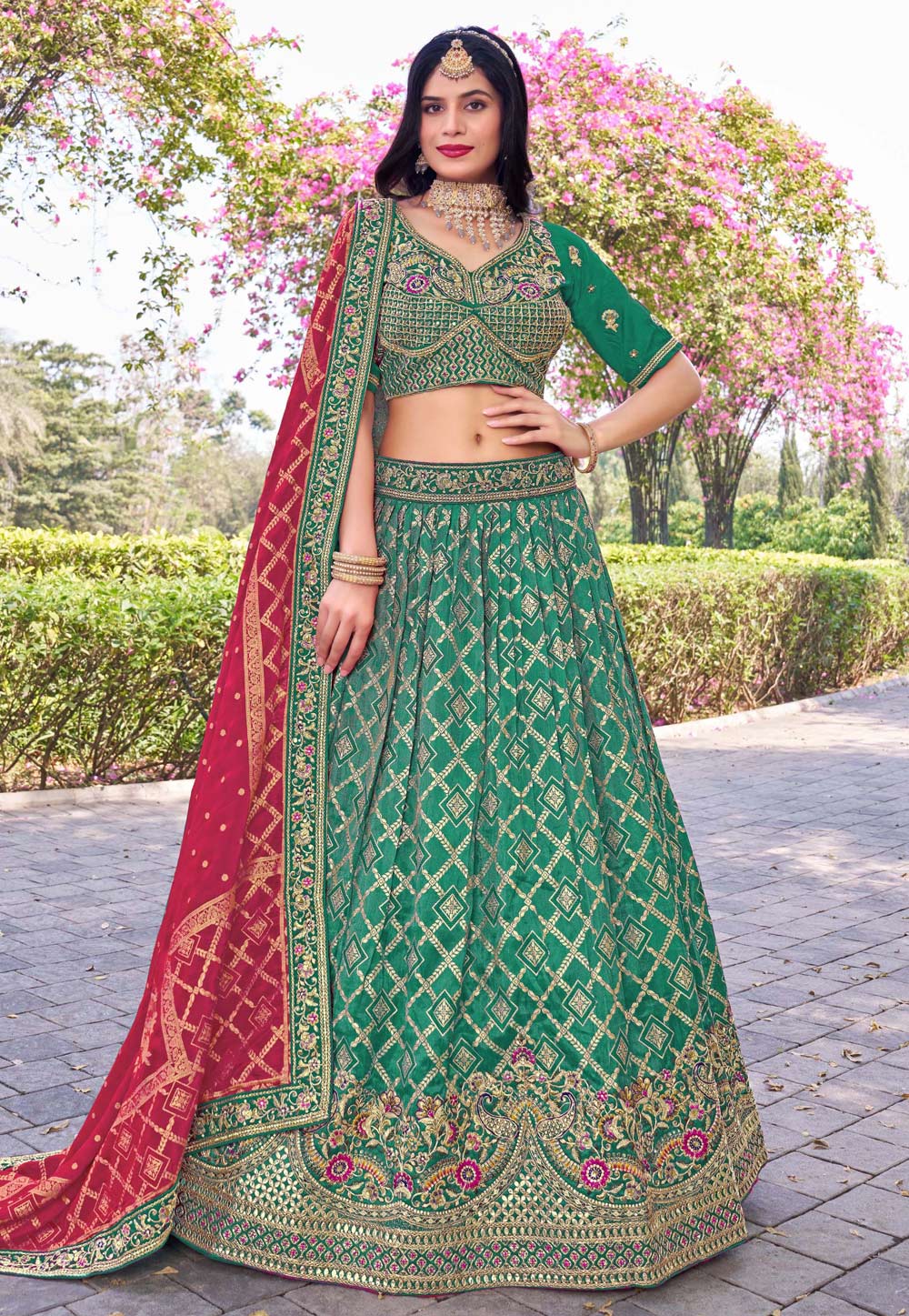 Green Banarasi Silk Circular Lehenga Choli 307330