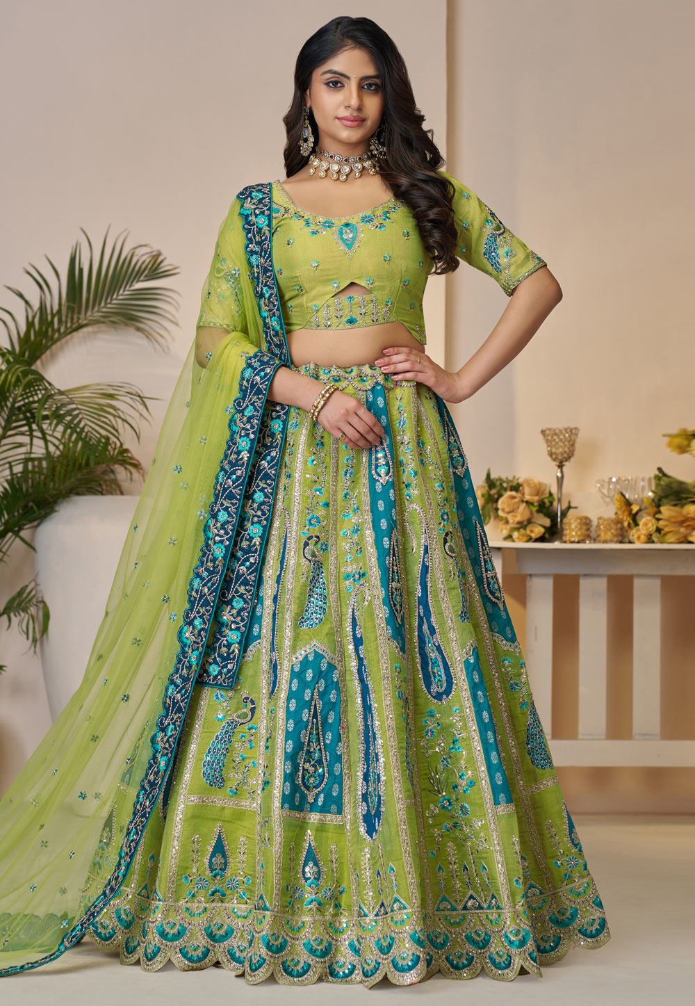 Green Banarasi Silk Circular Lehenga Choli 309025