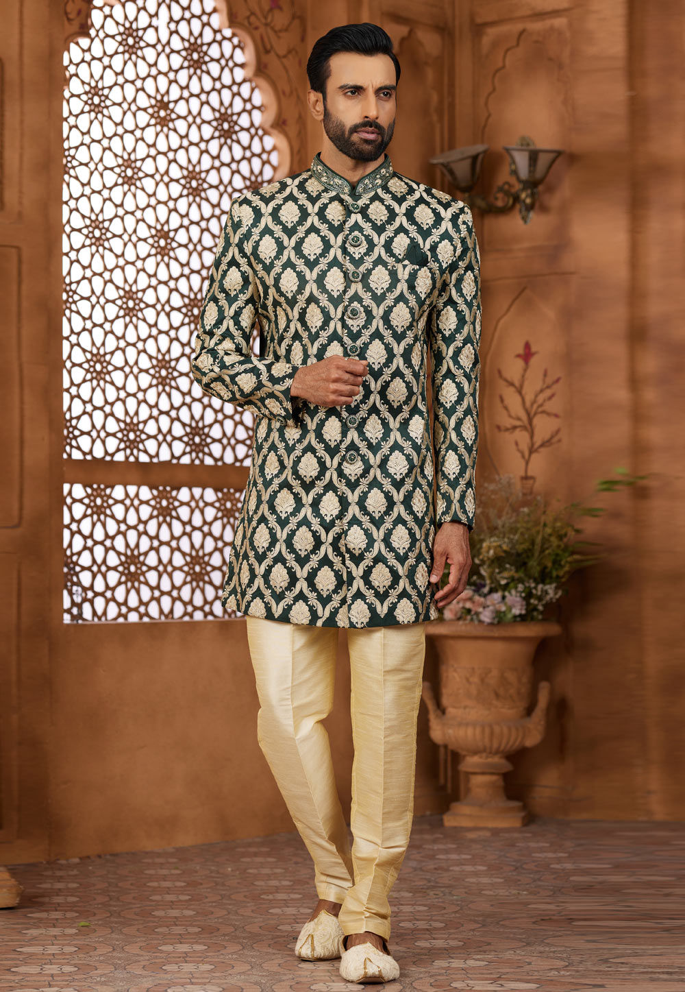 Green Banarasi Silk Indo Western Sherwani 306705