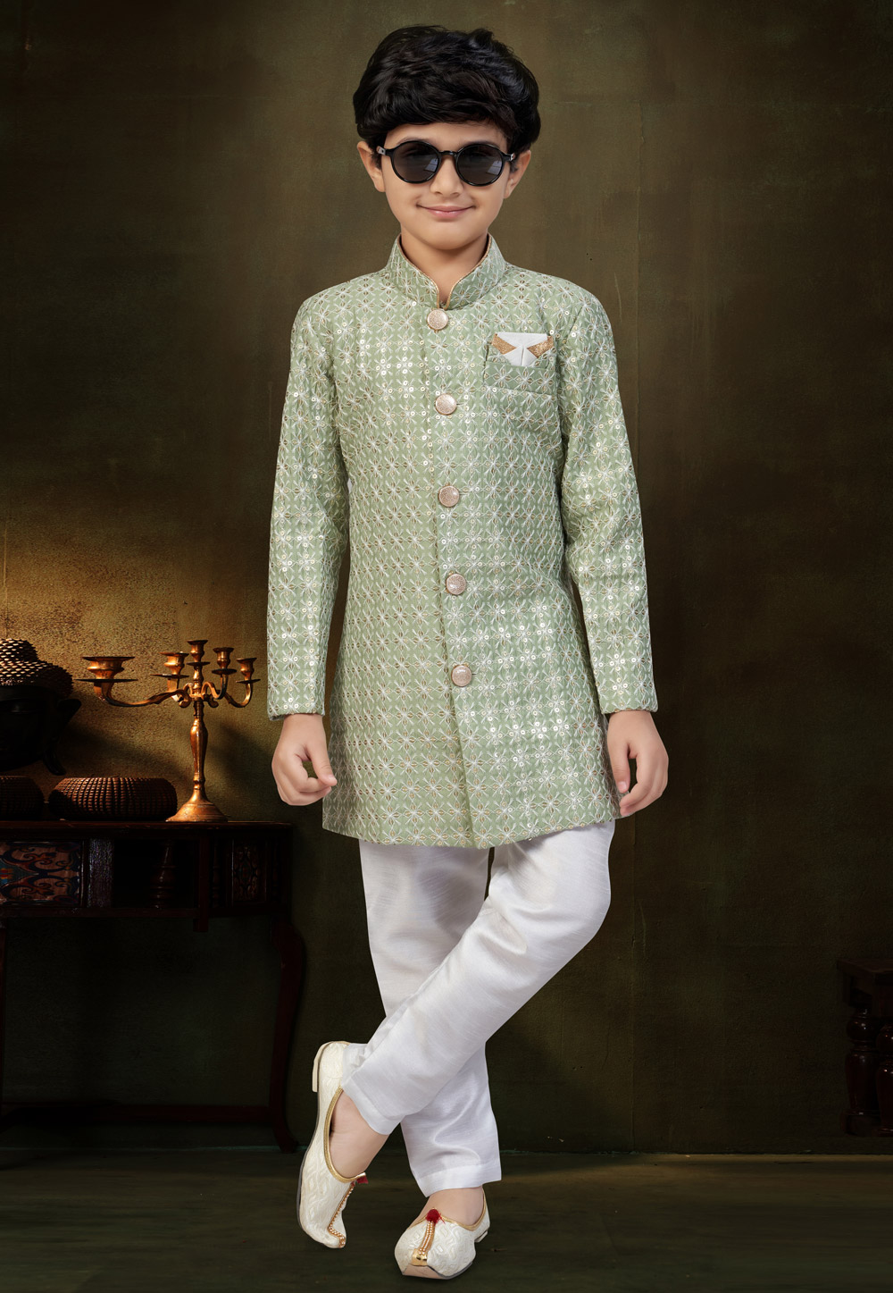 Green Banarasi Silk Kids Indo Western Suit 324252