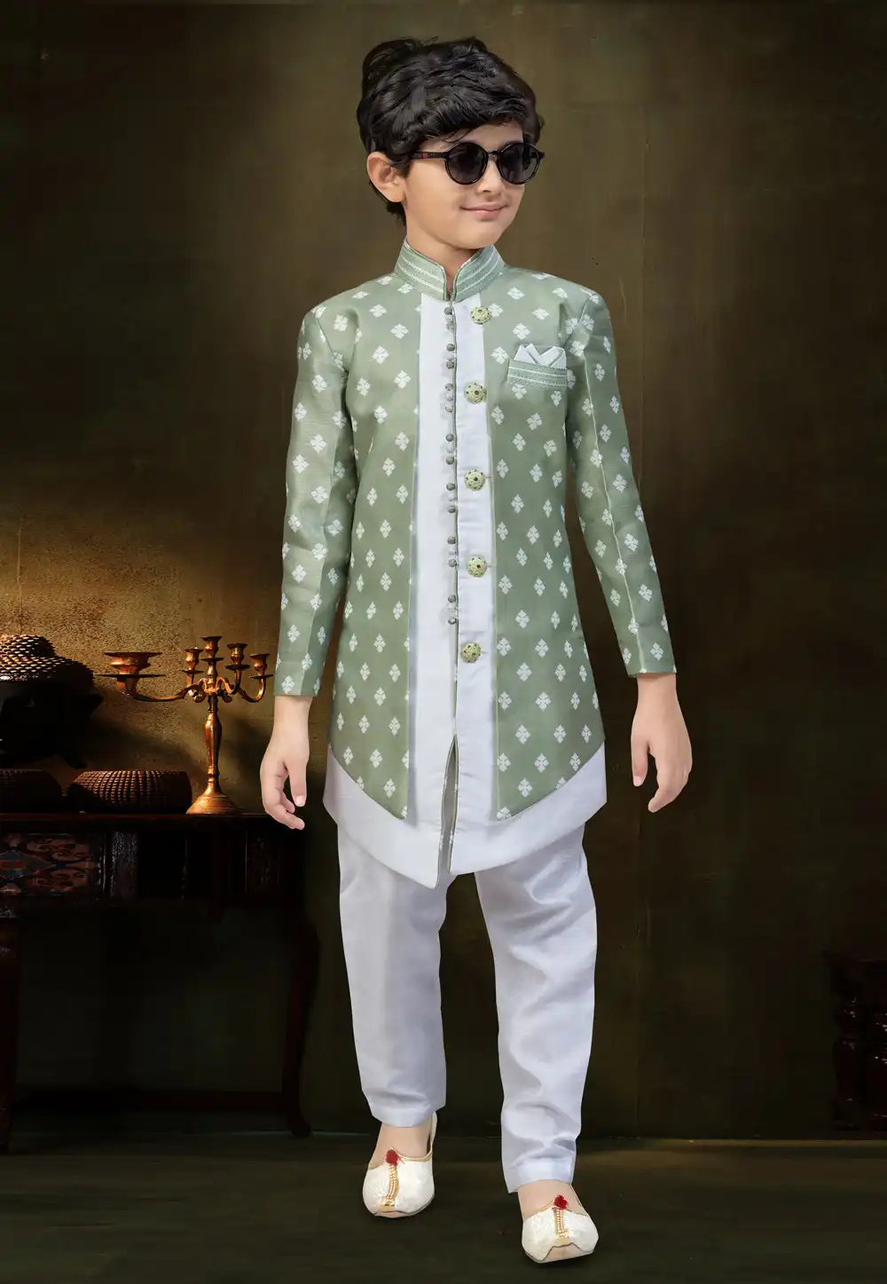 Green Banarasi Silk Kids Indo Western Suit 324265