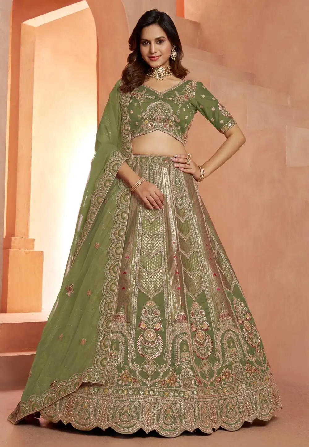 Green Banarasi Silk Lehenga Choli For Wedding 329388