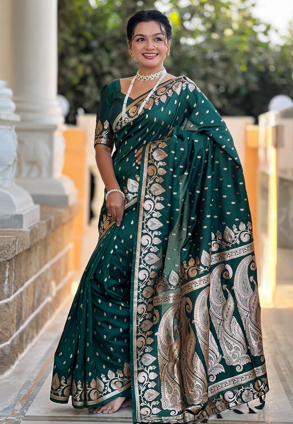 Green Banarasi Silk Saree With Blouse 307742