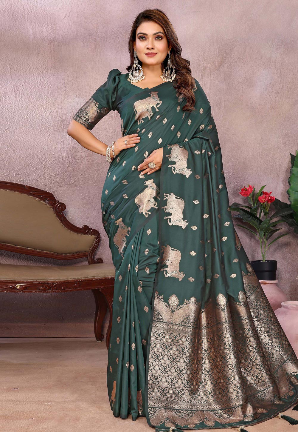 Green Banarasi Silk Saree With Blouse 312660