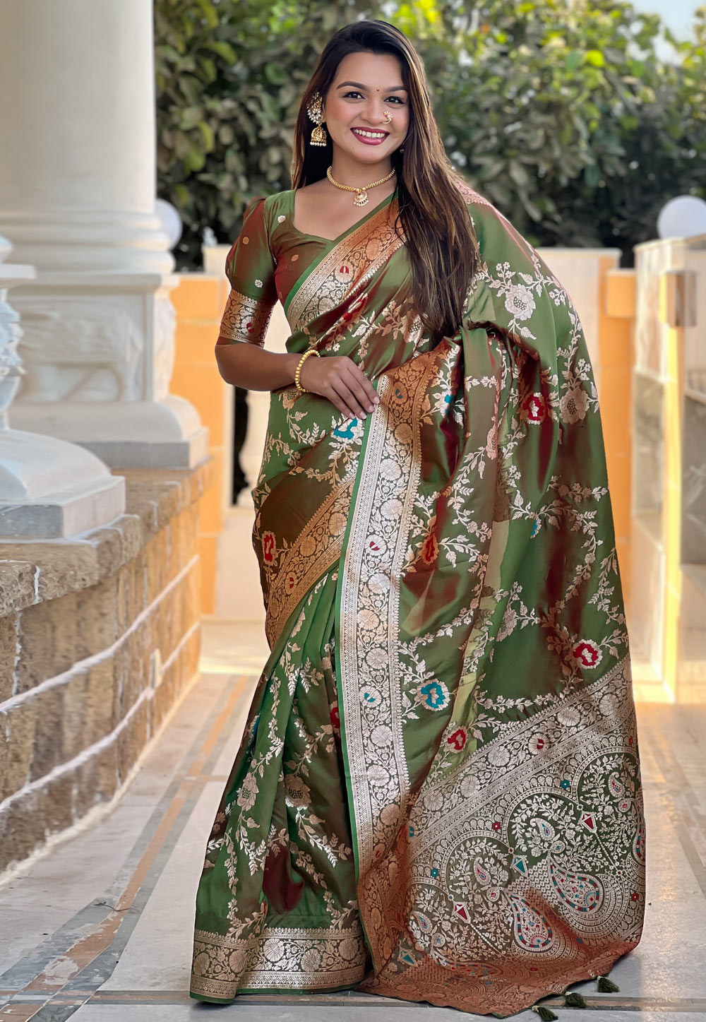 Green Banarasi Silk Saree With Blouse 309237