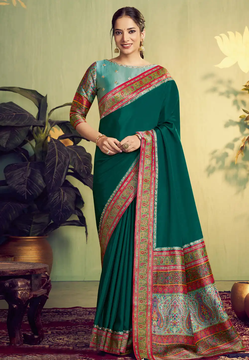 Green Banarasi Silk Saree With Blouse 319875