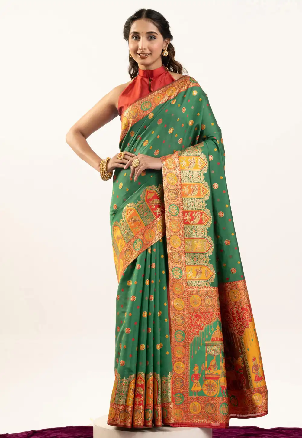 Green Banarasi Silk Saree With Blouse 320001