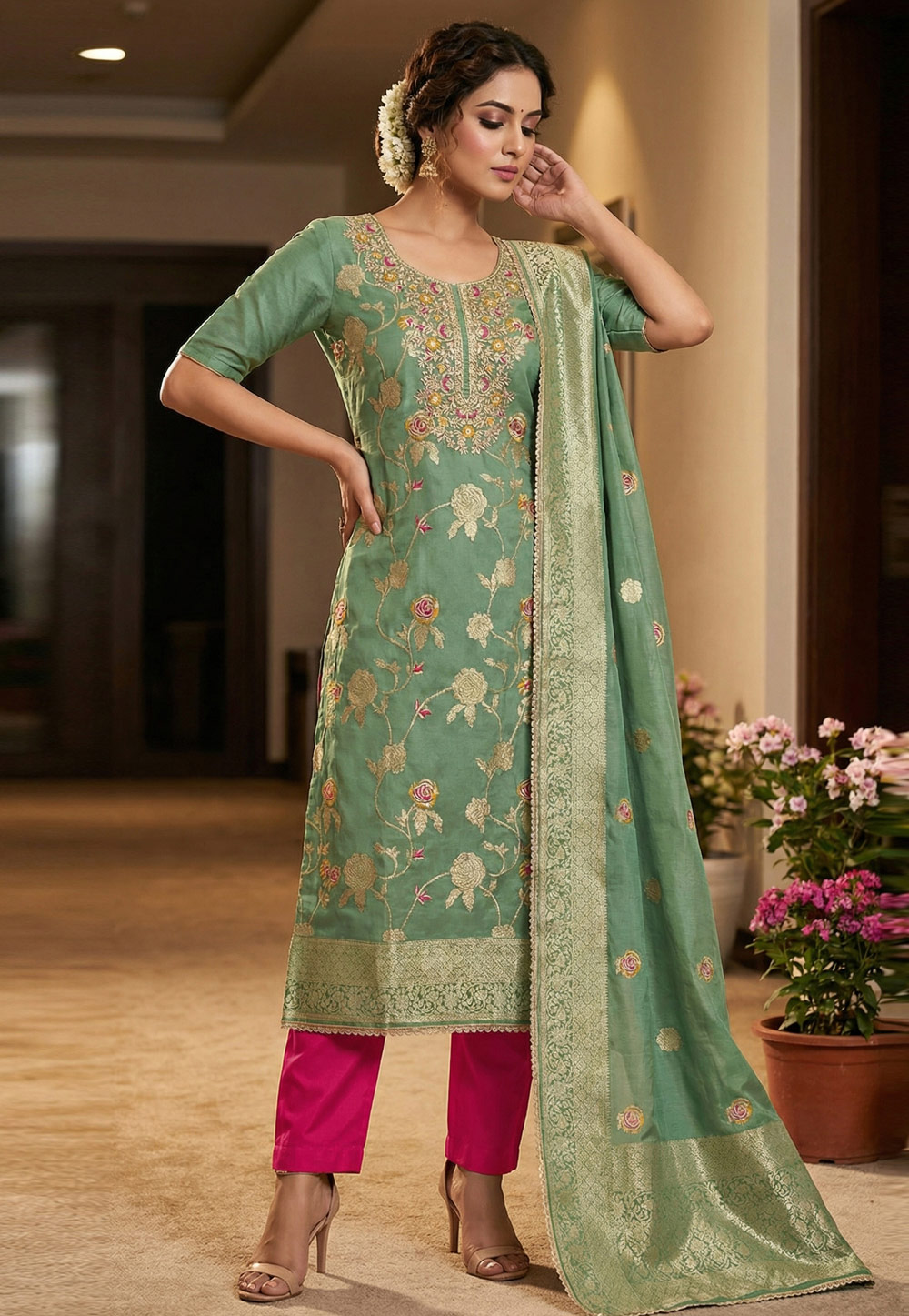 Green Banarasi Straight Suit 327442