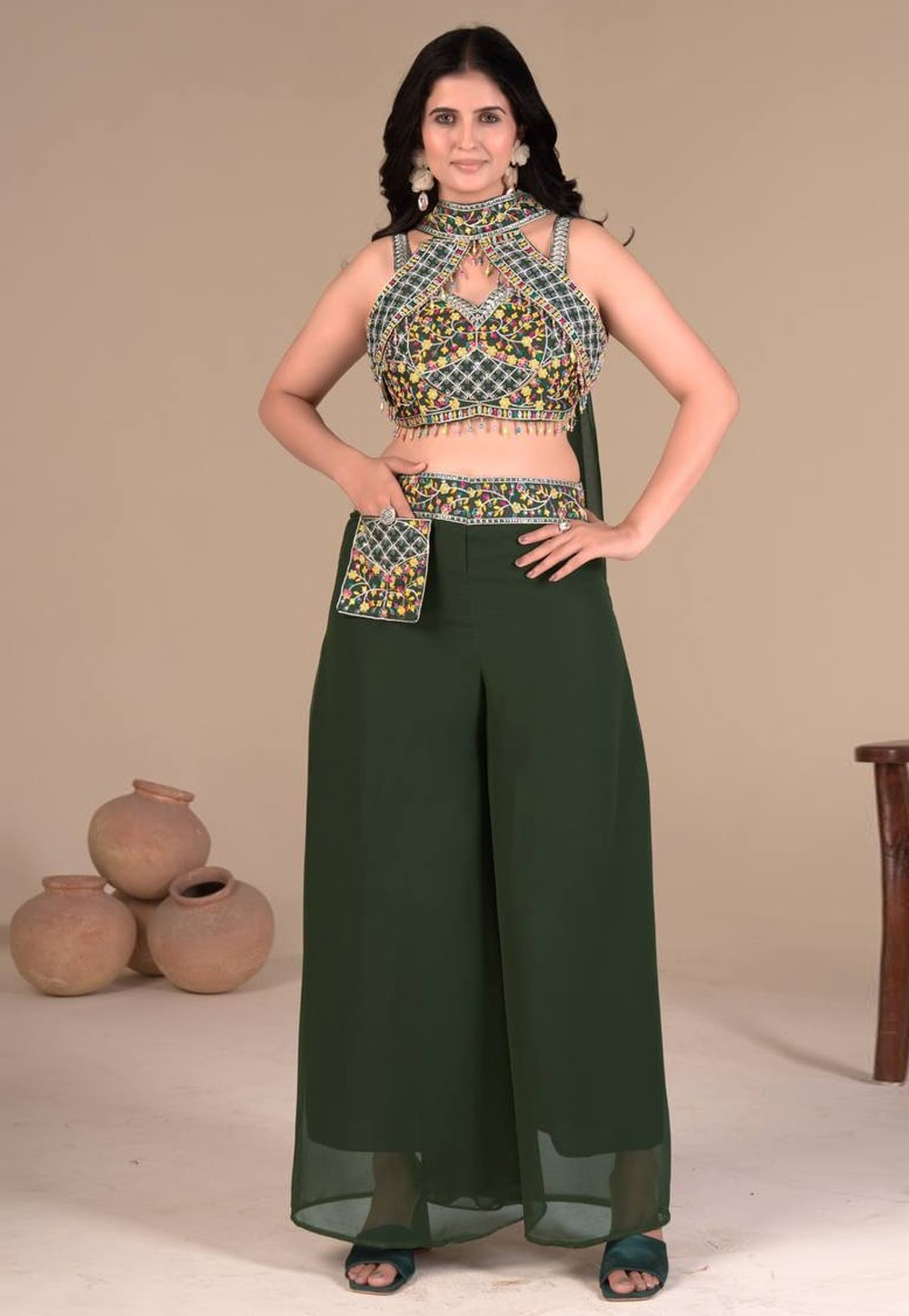 Green Banglori Silk Palazzo With Crop Top 311416