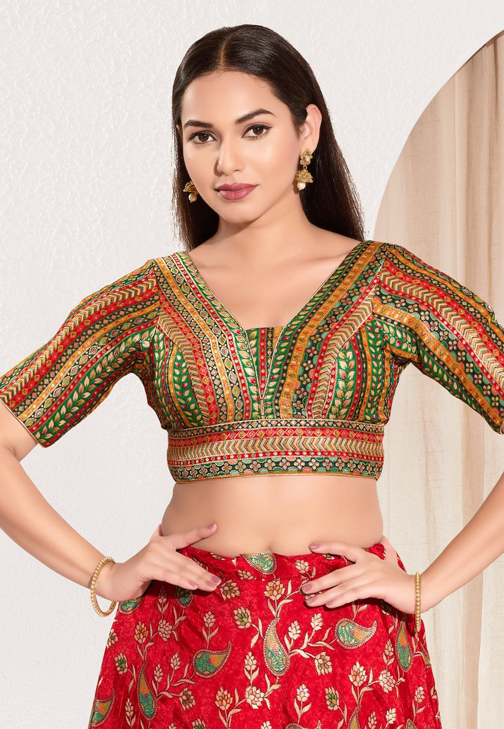 Green Brocade Readymade Blouse 312497