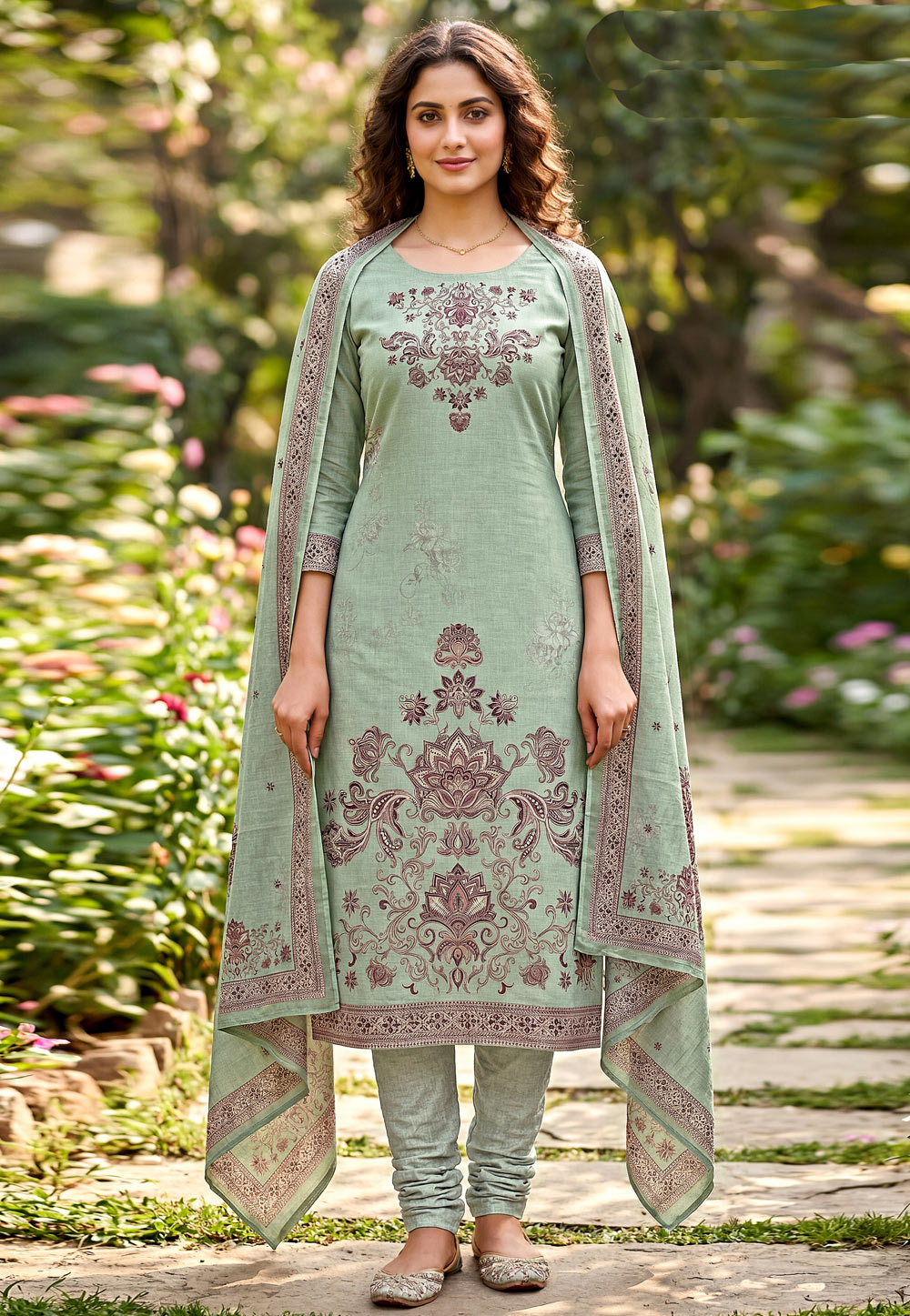 Green Cambric Cotton Churidar Suit 328331