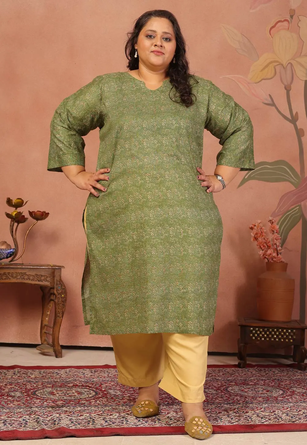 Green Cambric Cotton Printed Long Kurti 336959