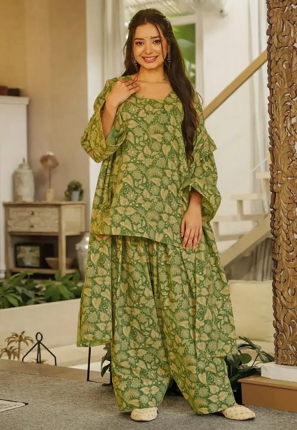 Green Cambric Cotton Readymade Pakistani Suit 326888