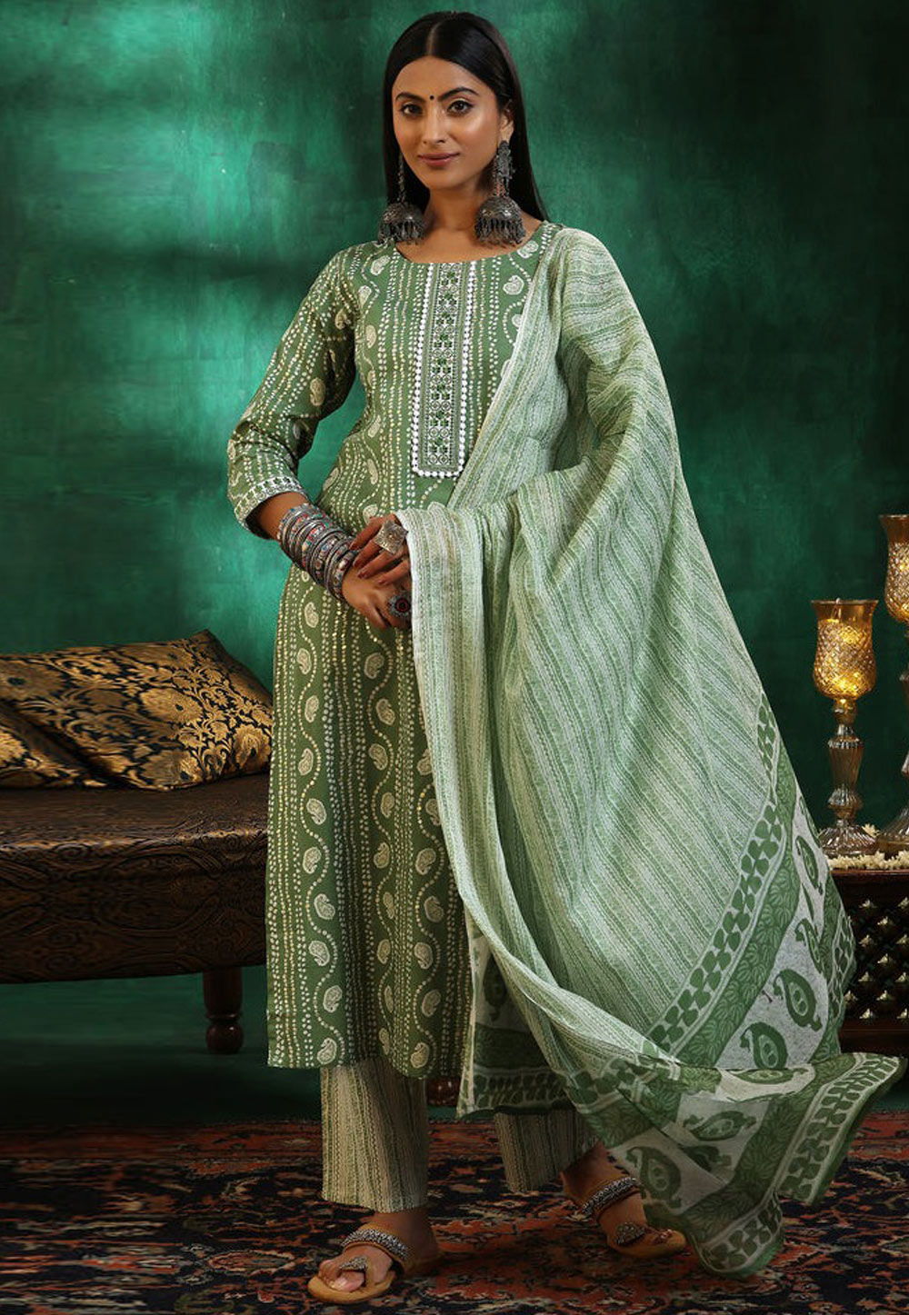 Green Chanderi Readymade Pakistani Suit 308885