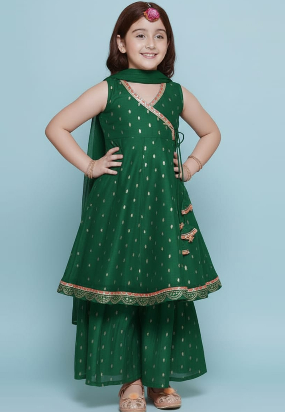Green Chanderi Silk Kids Palazzo Suit 320261