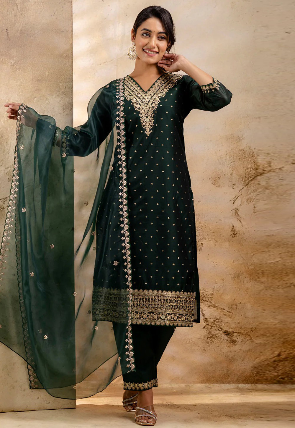 Green Chanderi Silk Readymade Pakistani Suit 308910