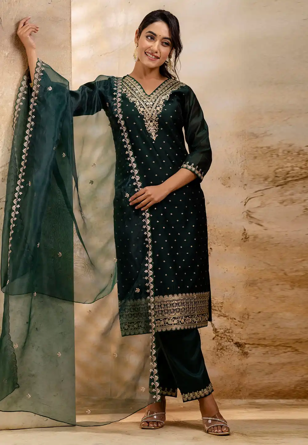 Green Chanderi Silk Readymade Pakistani Suit 329980