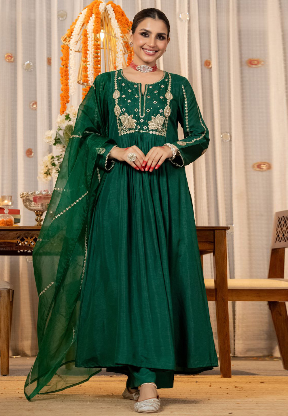 Green Chanderi Silk Readymade Pant Style Suit 323257