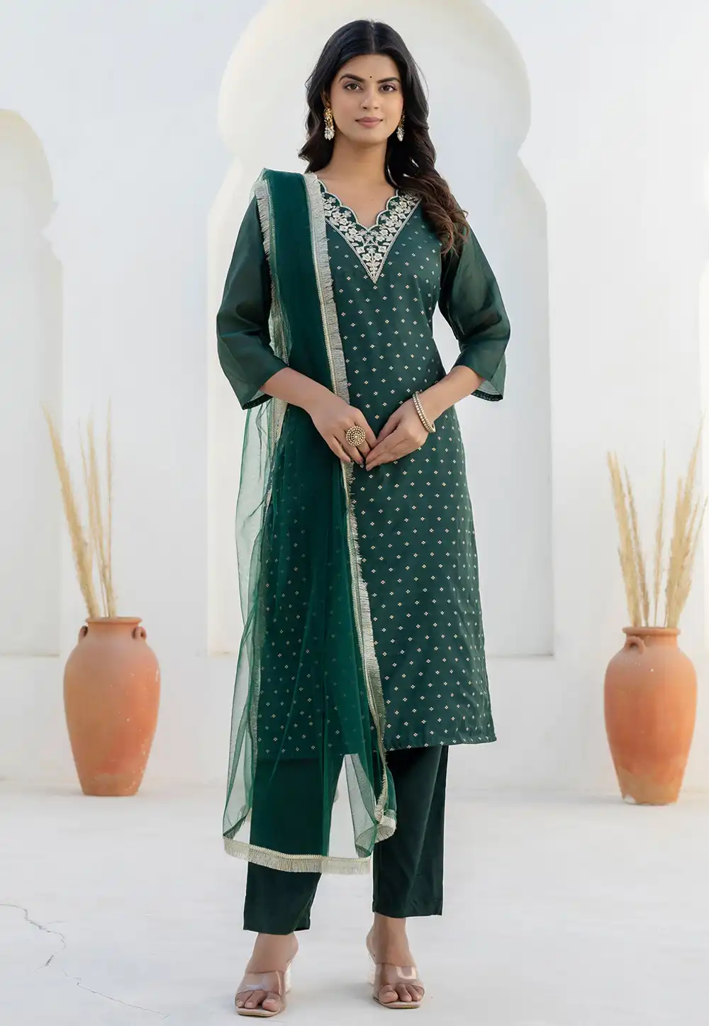 Green Chanderi Silk Readymade Pant Style Suit 313814