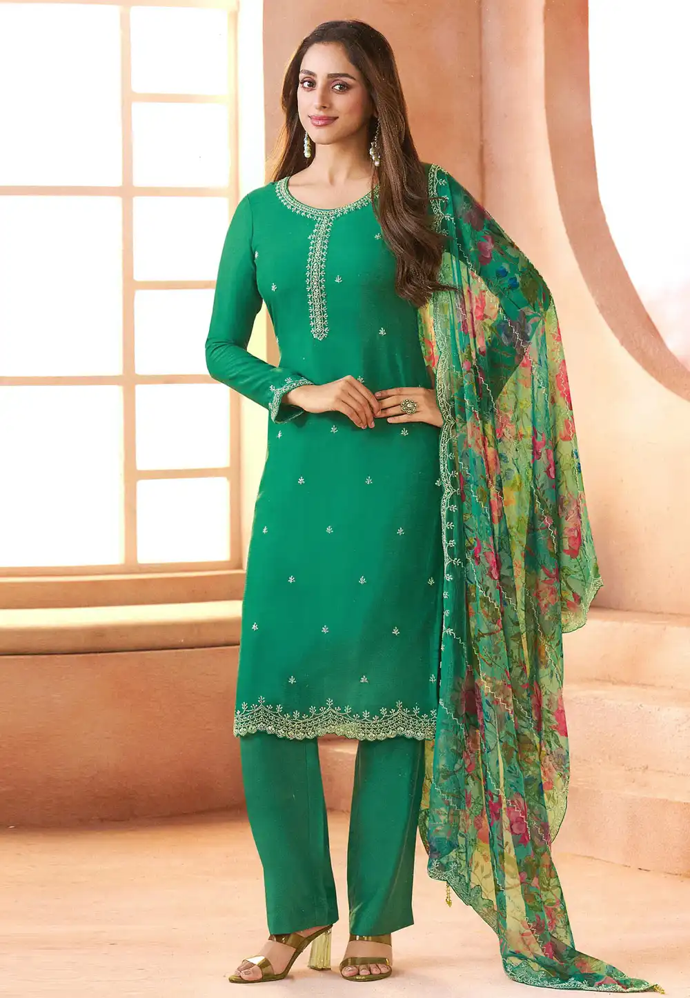 Green Chiffon Pant Style Suit 326434