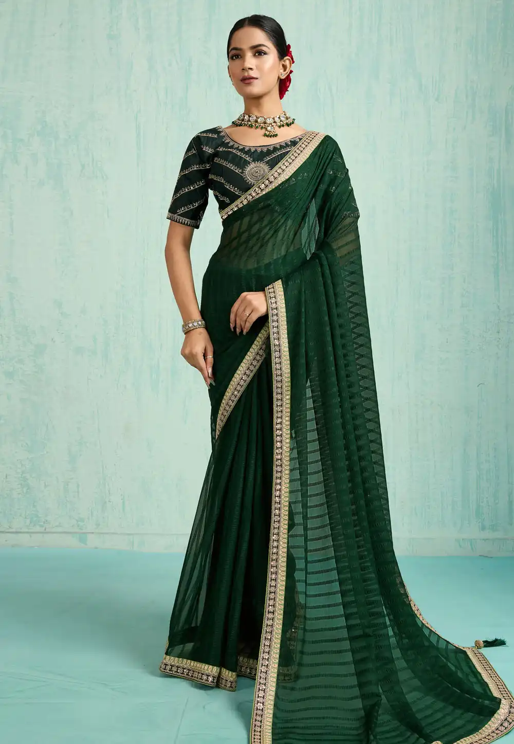 Green Chiffon Saree With Blouse 318197