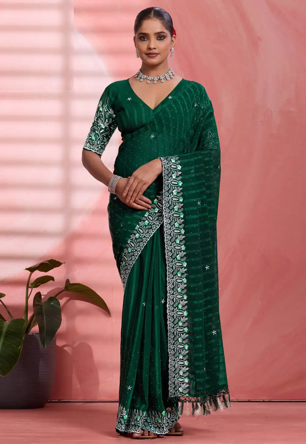 Green Chiffon Saree With Blouse 326541