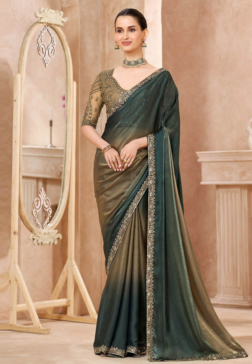 Green Chiffon Saree With Blouse 323954