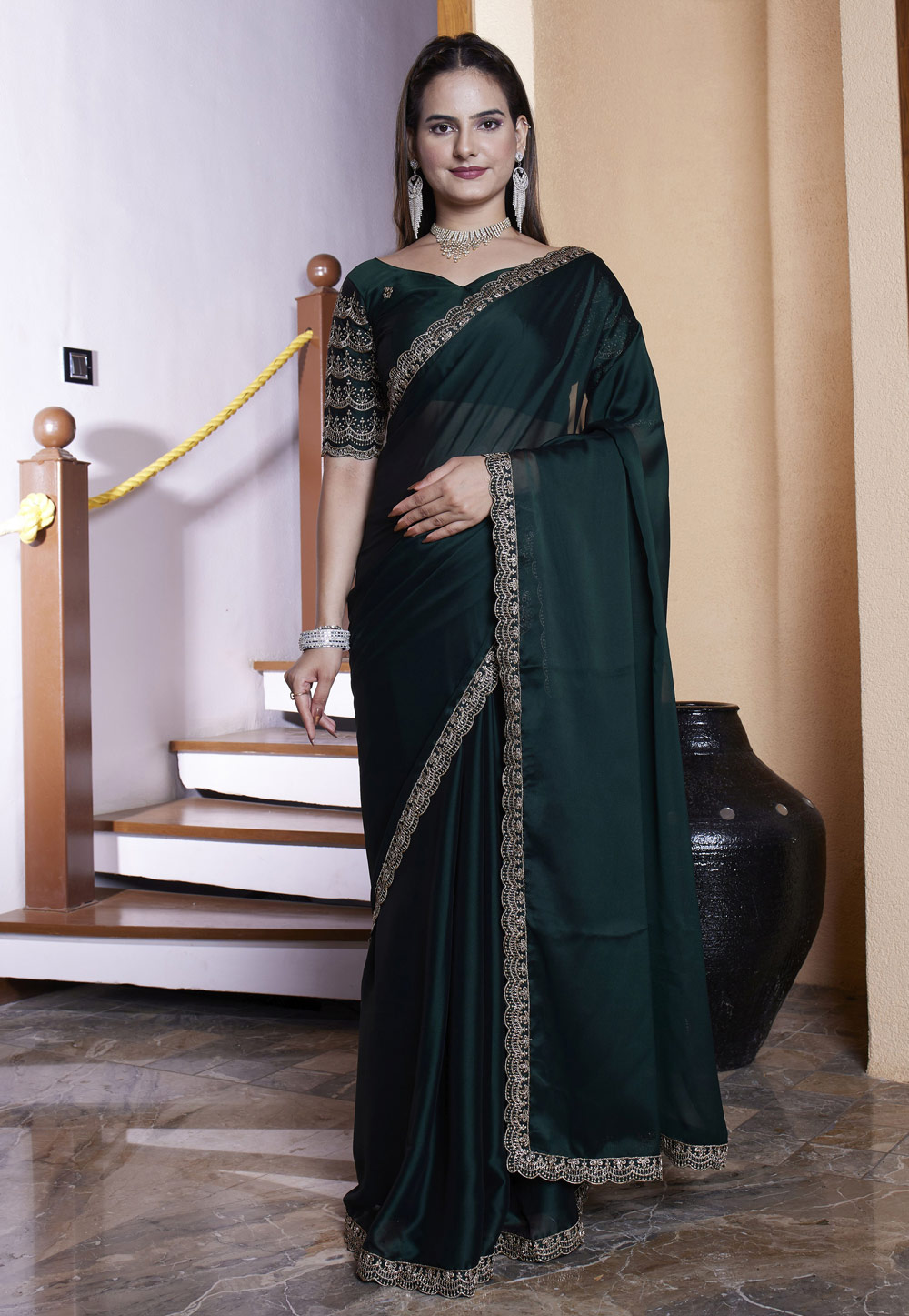 Green Chiffon Saree With Blouse 311489
