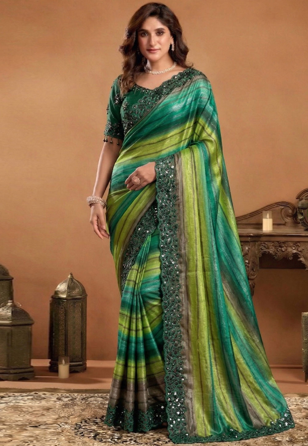 Green Chiffon Saree With Blouse 330062