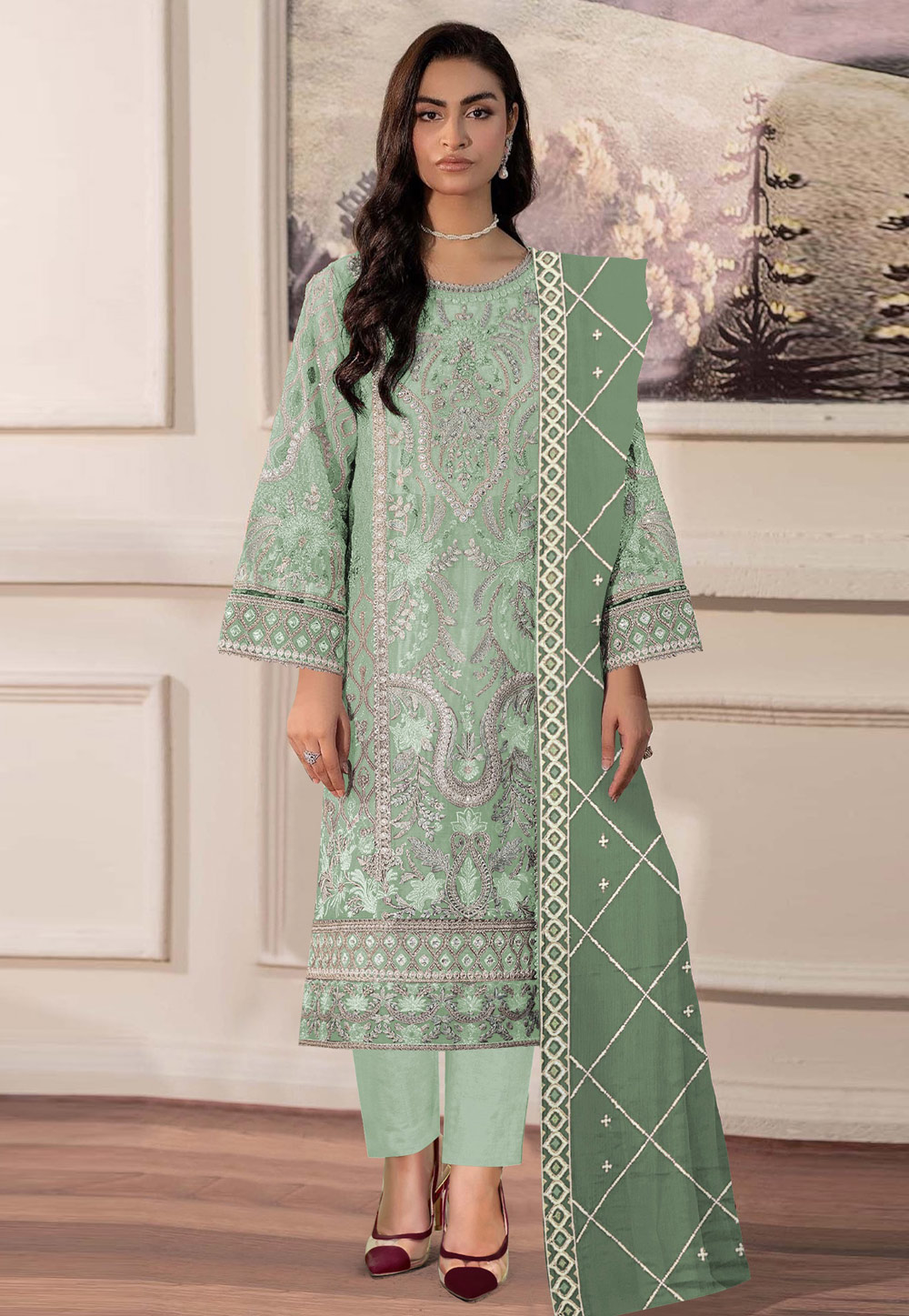 Green Chiffon Straight Suit 329635