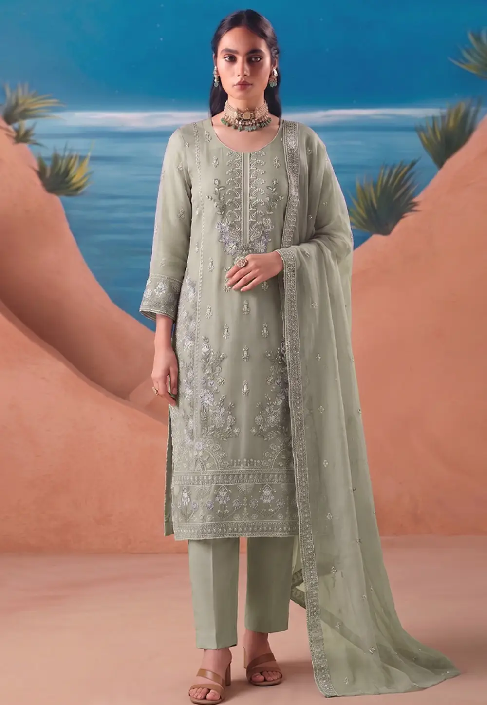 Green Chiffon Straight Suit 331165